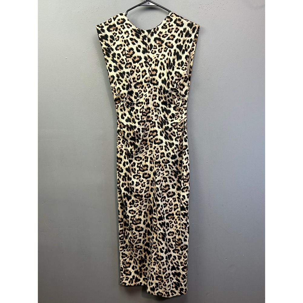 Zara Dress Womens Small Tan Leopard Print Linen Blend V-Neck Midi Sleeveless